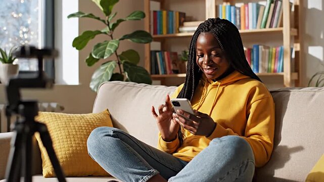Young Black woman happily texting on a smartphone while sitting on a couch at home. She's relaxed and smiling, with a camera tripod nearby. Cozy, modern lifestyle, social media, content creation, brig