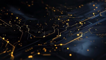 Futuristic abstract technology background with glowing gold circuit board lines and digital data flow - Powered by Adobe