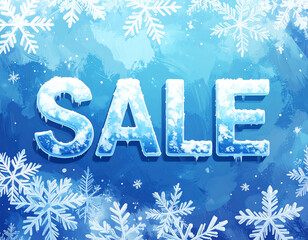Winter Sale: Ice Text on Blue Snow Background