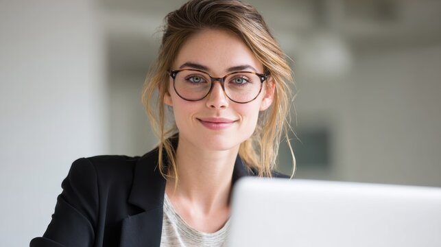 A woman with glasses smiles while working at her laptop in a stylish office. The bright daylight enhances the open and inviting atmosphere of the workspace.