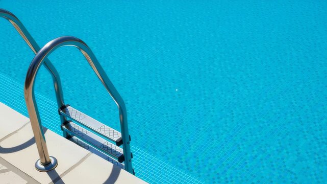 Sparkling clean pool ladder stainless steel tile blue water clean environment sustainability nature fresh health drink resource purity access inviting summer relaxation clean fresh pool water offers