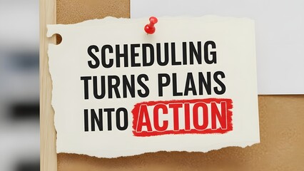 Scheduling turns plans into action message, motivational poster for achieving goals, time management tips reminder, inspiring workplace culture message