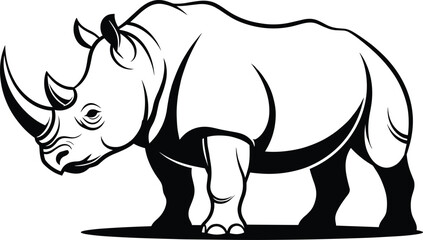 Rhinoceros Line Art Illustration – Isolated on Transparent Background – Black and White Rhino Outline Drawing