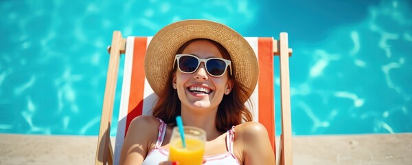 Woman in straw hat, sunglasses relaxes by pool holding juice cup. She enjoys summer vacation chilling on deckchair. Water ripples add serene backdrop. She smiles brightly, looking happy, carefree.