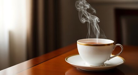 Elegant tea cup on wooden table emitting swirls of rising steam