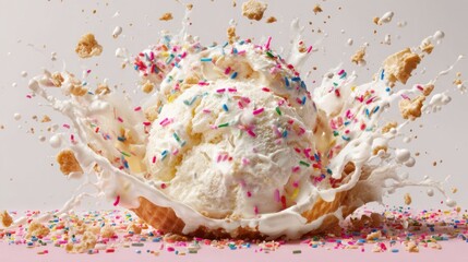 Creamy ice cream spills out of a waffle cone creating a playful splash of whipped cream and colorful sprinkles. This fun dessert moment captures joy and sweetness.