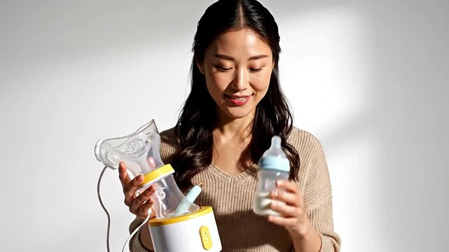 Young Asian woman holds a breast pump and baby bottle with milk, preparing for feeding. Modern motherhood, baby care, and daily routine on a clean white background with gentle light, reflecting matern