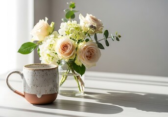 Floral elegance arrangement with coffee mug in a naturally lit setting
