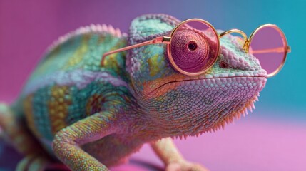 Obraz premium A chameleon with bright colors sits still wearing round glasses. The background glows with shades of pink and blue creating a whimsical atmosphere.