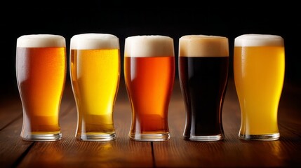 Five beer glasses stand side by side on a rustic wooden table, each filled with distinct colors and styles, reflecting a warm glow from the soft lighting around them