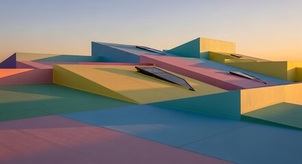 Geometric Building Facade With Skylights and Pastel Colored Walls in Sunlight