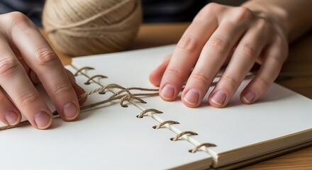 Hands bind pages of blank notebook with natural twine close-up view