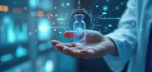 Doctor hand holds vaccine vial with futuristic holographic data screen. Scientist at blue lab develops new innovative drug. Medical biotechnology research offers advanced treatment, global cure.