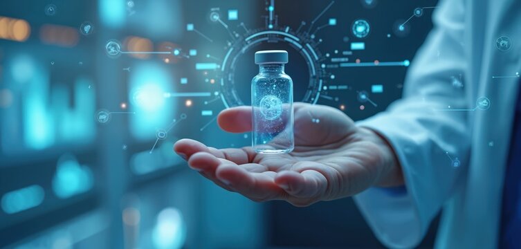 Doctor hand holds vaccine vial with futuristic holographic data screen. Scientist at blue lab develops new innovative drug. Medical biotechnology research offers advanced treatment, global cure.