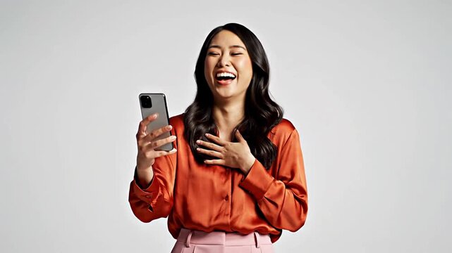 Joyful young Asian woman laughs heartily, holding a smartphone. She reacts with genuine happiness and amusement, perhaps to good news or a funny message. Studio shot on a clean white background, expre