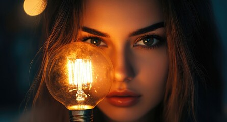 business female professional holds a glowing bulb with warm light in an indoor office, shown in close view with a simple background and sharp clean detail.