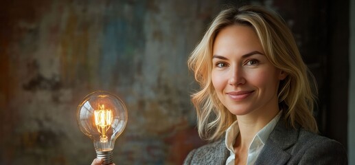 business female professional holds a glowing bulb with warm light in an indoor office, shown in close view with a simple background and sharp clean detail.