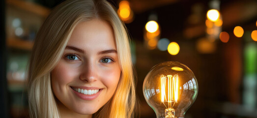 business female professional holds a glowing bulb with warm light in an indoor office, shown in close view with a simple background and sharp clean detail.