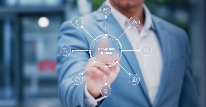 Business Professional Interacting with Futuristic Automation Testing Interface Representing Quality Assurance, Software Validation, and Modern Digital Testing Solutions