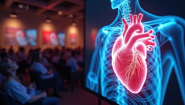 Medical conference audience watches holographic heart display. Doctors learn about new cardiac tech. Digital anatomy projection shows human circulatory system.