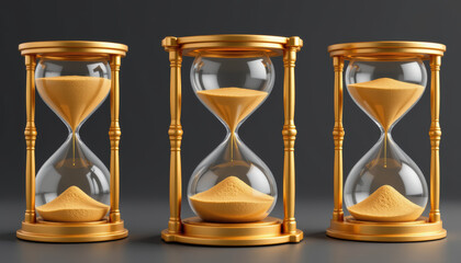 Golden hourglass sand timer timepiece gold glass classic trio countdown with calm mood