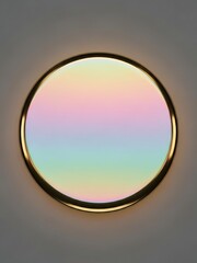 Iridescent circular glowing panel with golden frame against neutral backdrop