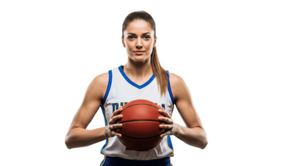 Confident female basketball player in white and blue jersey holding ball at chest on white background, representing focus, teamwork, strength and modern competitive hoops lifestyle