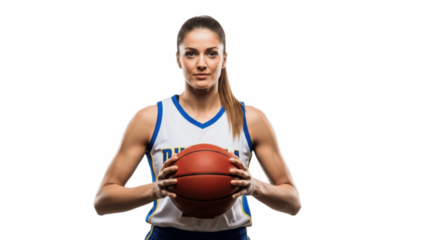 Confident female basketball player in white and blue jersey holding ball at chest on white background, representing focus, teamwork, strength and modern competitive hoops lifestyle

