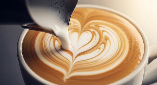 Latte art in progress, pouring milk into a cup of coffee artfully created