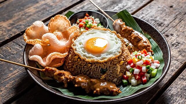 Authentic Indonesian Nasi Goreng served with a sunny-side-up fried egg, chicken satay with rich peanut sauce, prawn crackers, and fresh relish on a rustic wooden table. Delicious Asian cuisine.