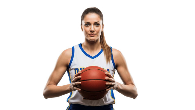 Confident female basketball player in white and blue jersey holding ball at chest on white background, representing focus, teamwork, strength and modern competitive hoops lifestyle
- Powered by Adobe