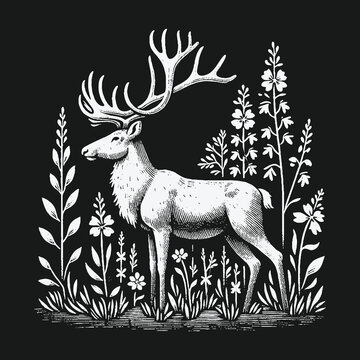 Monochrome woodcut illustration of a majestic reindeer in a field of wildflowers.