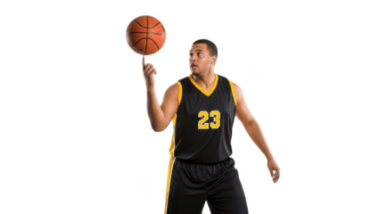 Skilled basketball player in black and yellow number 23 jersey spinning ball smoothly on fingertip on white background, emphasizing coordination, control, style, confidence and entertaining team sport