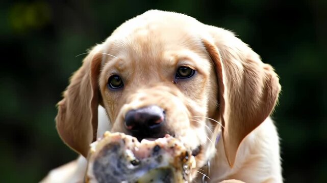 Cute puppy dog eating a bone outdoors, adorable pet animal, playful canine.