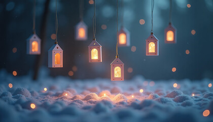 Hanging fantastic lanterns with warm light in a snowy forest, creating a magical atmosphere, concept 