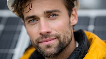 Energy engineer, solar panels, renewable energy, close-up, portrait. Confident man in a hard hat against a solar power plant background. Ecology, green energy, professional.