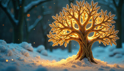 Illuminated tree sculpture in snowy landscape creating a serene atmosphere, concept of a magical Christmas night