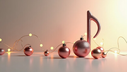 The shiny festive decorations for the Christmas tree transform into a musical note with festive lights on a minimalist background, the concept of festive music