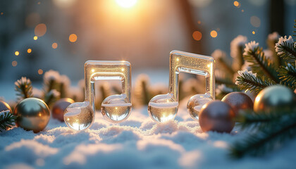 Floating musical notes made of shimmering ice surrounded by festive decorations in a snowy landscape, creating a joyful mood, the concept of Christmas and New Year 