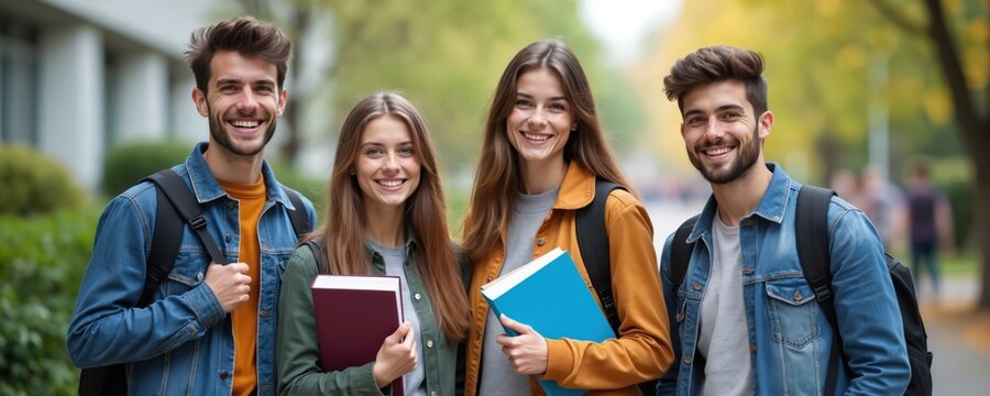 Four smiling college students with books and backpacks stand on campus outdoors. Young men and women wear casual clothes, showing friendship and academic success in sunny weather.