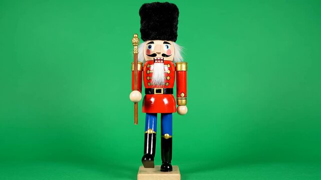 Traditional wooden nutcracker soldier figure holiday christmas decoration isolated on green screen background