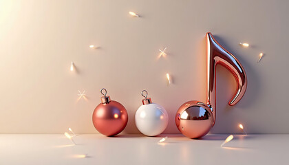 Musical note and festive baubles with sparkling lights on minimalistic background