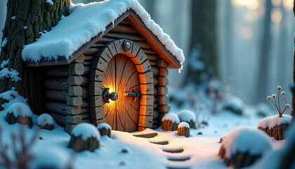 Wooden fairy tale house in winter forest with warm light glowing at the entrance
