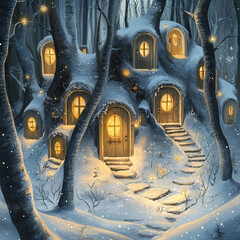 Charming winter fairy tale houses illuminated in snowy forest setting, creating a magical ambiance