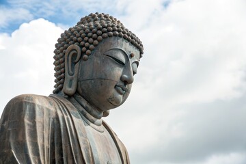 Close-up of a serene Buddha statue with a soft rim light under a cloudy sky