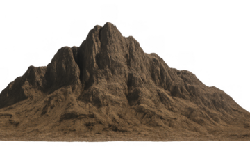 Isolated brown rocky mountain peak with textured surface and sharp ridges, transparent background