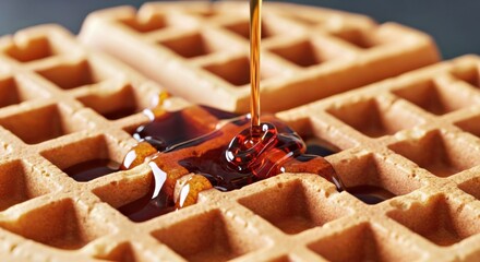 Delicious Belgian Waffle With Dripping Golden Syrup Close-up