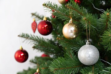 Fototapeta premium Seasonal holiday decor with bright sparkling baubles and festive props on an artificial green fir tree against a white background
