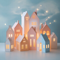 Decorative paper houses with warm glowing lights in cozy arrangement on soft background