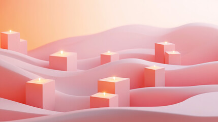 Elegant modern pink advent boxes arranged in the form of smooth waves on a clear background on flowing fabric in a calm and soothing modern environment